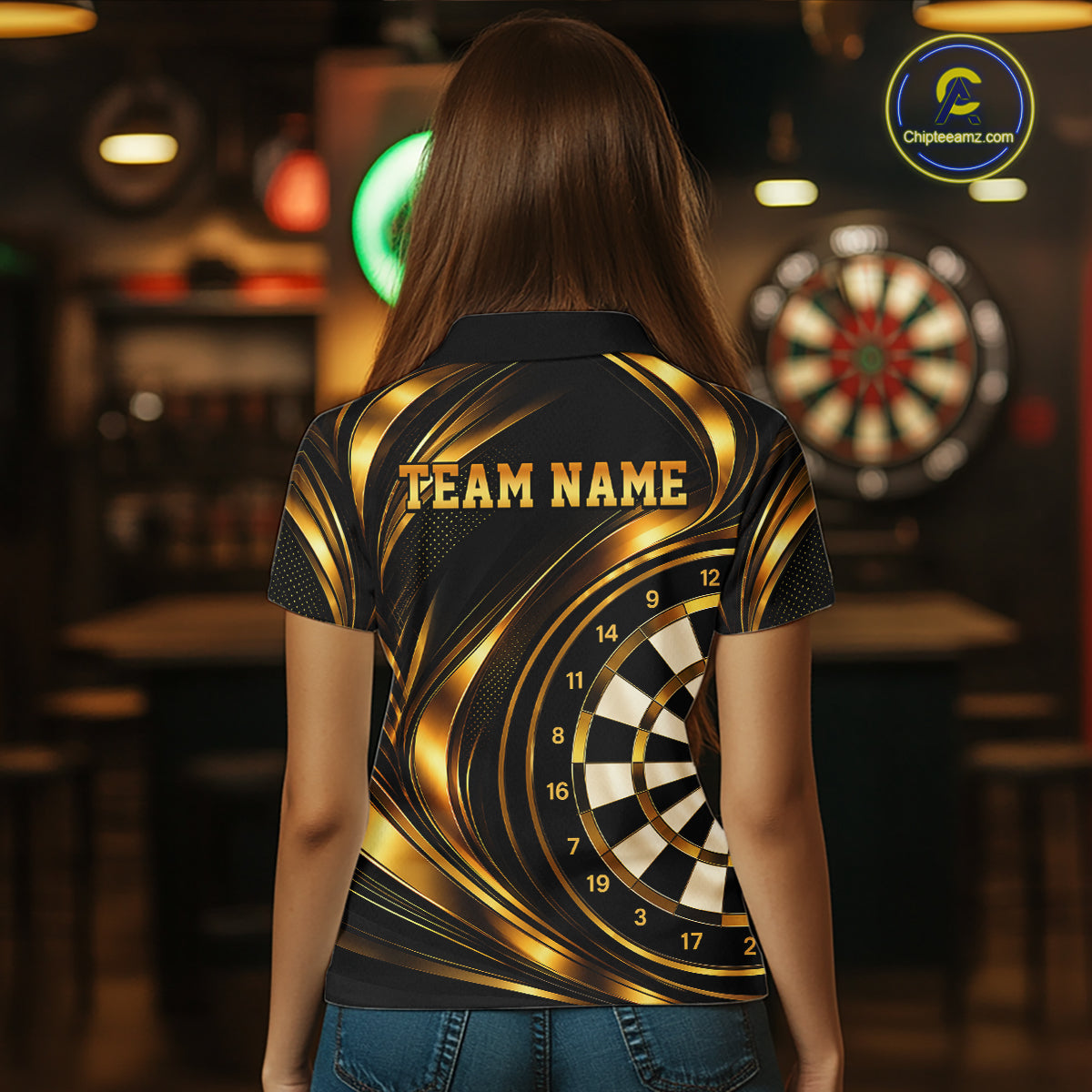 Custom Black and Gold Darts Team Jersey Dart Shirts for Women Dart League Shirt Polo & 1/4Zip NNT361