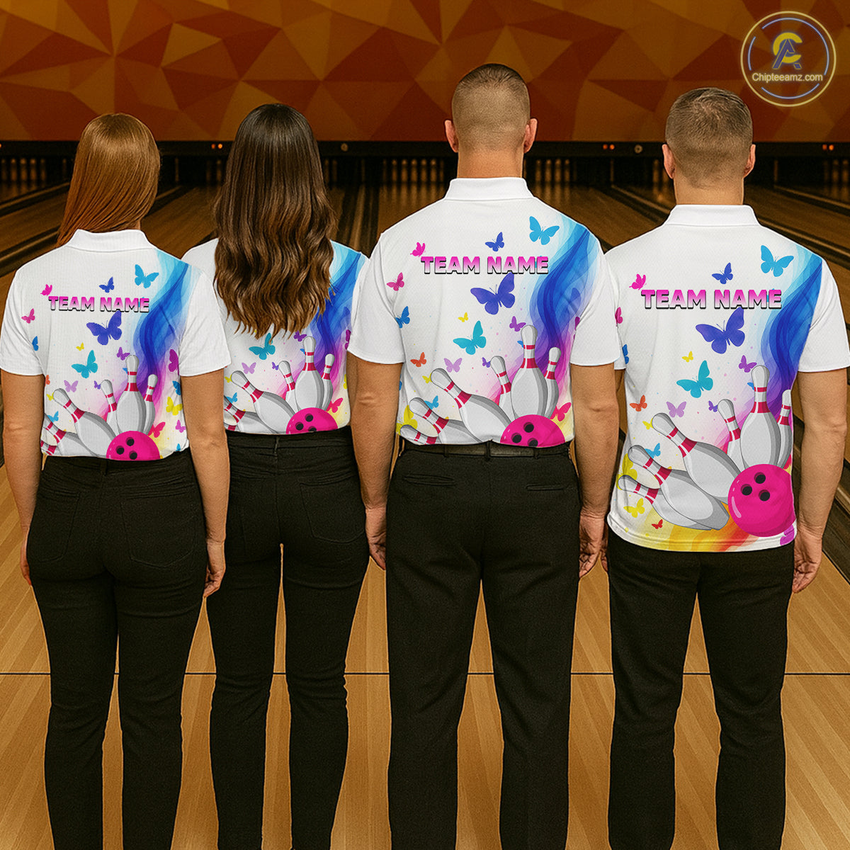 Custom Colorful Butterfly Bowling Jersey for Women Bowling Team Shirts Bowling League Polo & 1/4 Zip HNT173