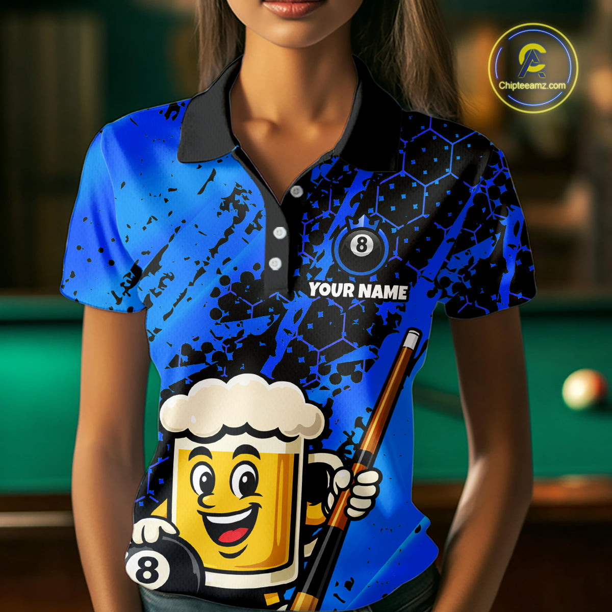 Custom Funny Blue Beer 8 Ball Pool Billiard Shirt for Women Polo & 1/4 Zip, Billiard Team Jerseys NNT147