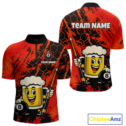 Custom Funny Red Beer 8 Ball Pool Billiard Shirt for Men Polo & 1/4 Zip, Billiard Team Jerseys NNT147