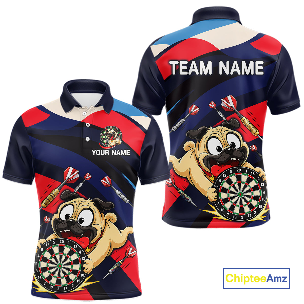 Front and back views of a navy, red, and white darts polo featuring a cartoon pug holding a dartboard, flying darts, and custom team text.