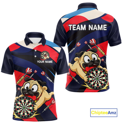 Front and back views of a navy, red, and white darts polo featuring a cartoon pug holding a dartboard, flying darts, and custom team text.