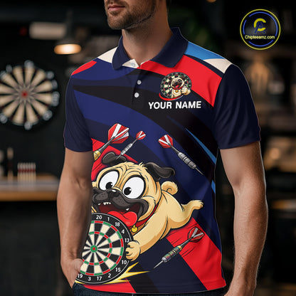 Person wearing a navy, red, and white darts polo featuring a cartoon pug holding a dartboard, flying darts, and custom team text.