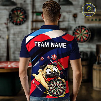 Person wearing a navy, red, and white darts polo featuring a cartoon pug holding a dartboard, flying darts, and custom team text.