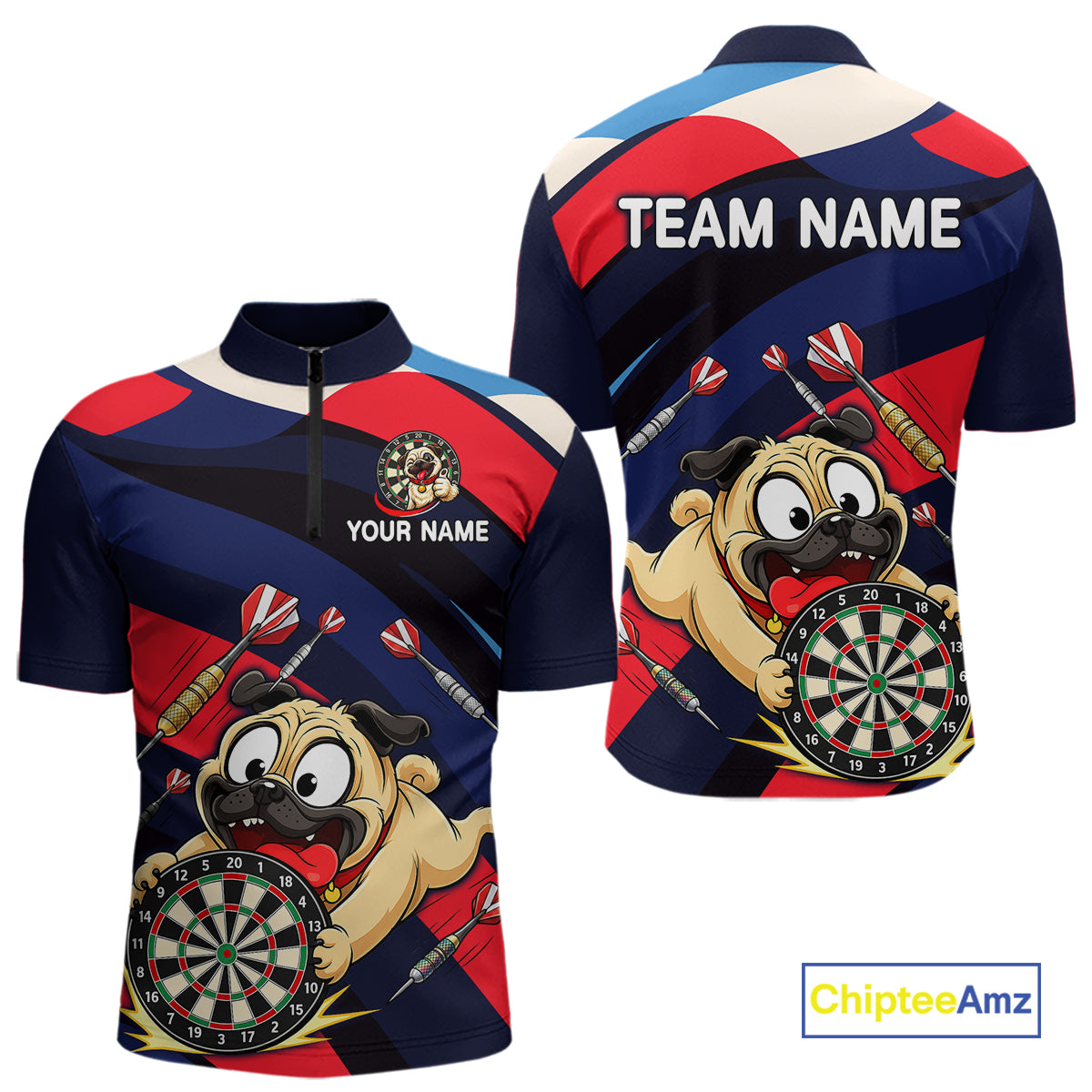 Front and back views of a navy, red, and white darts quarter zip featuring a cartoon pug holding a dartboard, flying darts, and custom team text.