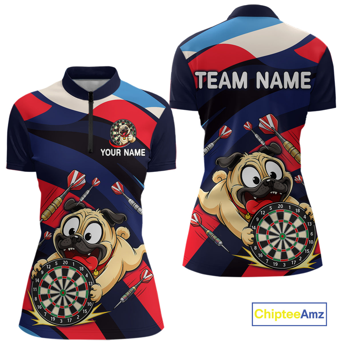 Front and back views of a navy, red, and white darts quarter zip featuring a cartoon pug holding a dartboard, flying darts, and custom team text.
