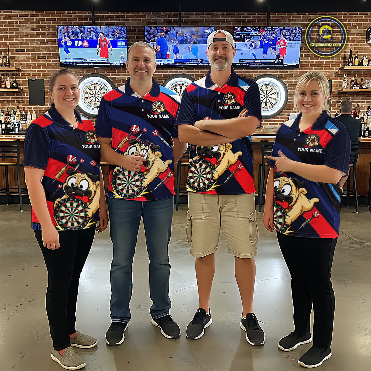 Four people wearing navy, red, and white darts polo featuring a cartoon pug holding a dartboard, flying darts, and custom team text.