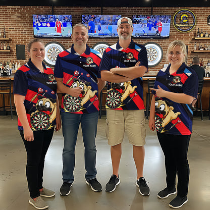 Four people wearing navy, red, and white darts polo featuring a cartoon pug holding a dartboard, flying darts, and custom team text.