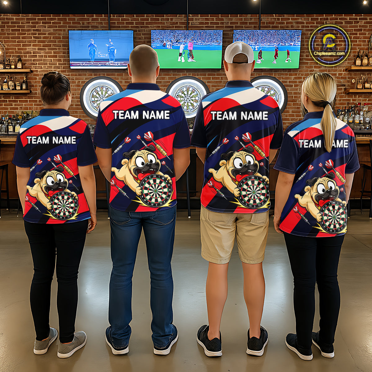 Four people wearing navy, red, and white darts polo featuring a cartoon pug holding a dartboard, flying darts, and custom team text.