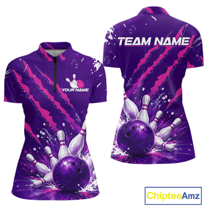 Front and back views of a women's short-sleeve bowling-themed polo shirt in purple and pink, featuring bowling ball and pins graphics, customizable text, and a black zipper at the collar.