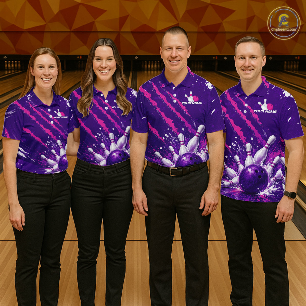 Four people standing in a bowling alley wearing matching purple bowling shirts with a bowling pin and ball graphic, paired with black pants. The shirts have a white logo on the left chest that reads 'YOURNAME'.