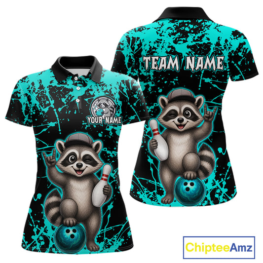 Turquoise Funny Raccoon Bowling Jersey for Women Bowling League Bowling Team Shirts Polo & 1/4 Zip HN232