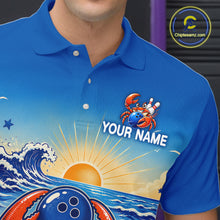 Load image into Gallery viewer, Blue polo shirt with a bowling-themed design and 'Your Name' text, featuring a brand logo in the corner.