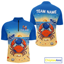 Load image into Gallery viewer, Blue sports jersey with a crab design on a beach, customizable text, and Chiptee Amz branding.