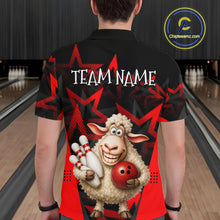 Load image into Gallery viewer, Person wearing a bowling-themed shirt with a sheep holding bowling pins and balls in a bowling alley.