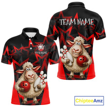 Load image into Gallery viewer, Black and red polo shirt with cartoon sheep holding bowling balls and skittles, customizable text on a white background.