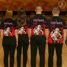 Load image into Gallery viewer, Four people wearing matching bowling shirts with a cartoon sheep design on a bowling alley.