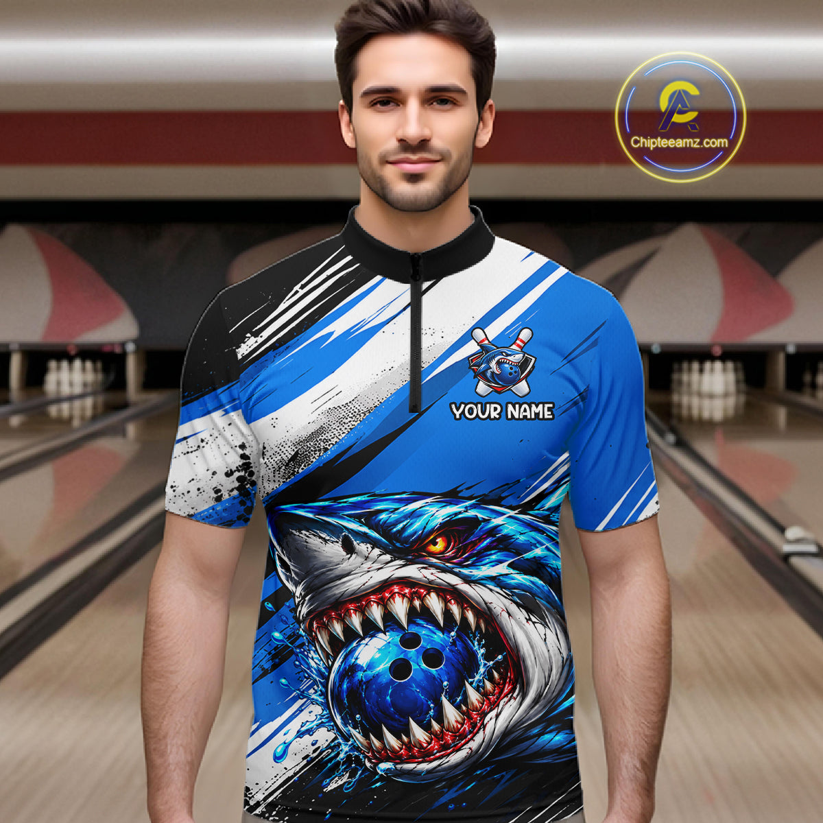 Custom Shark Bowling Jersey for Men Bowling Cloth Polo & 1/4 Zip Bowling Team Shirt HNT591