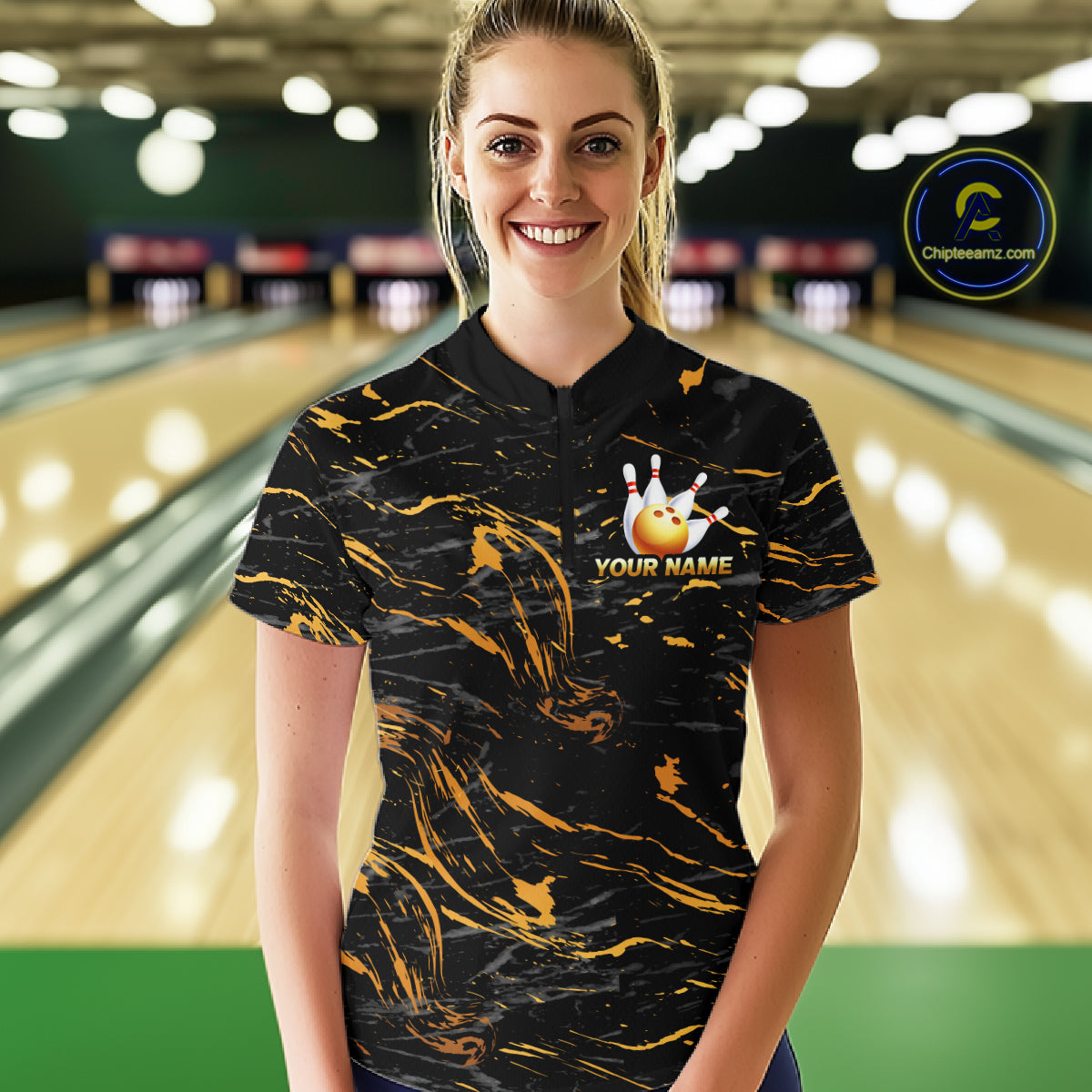 Custom Black and Gold Bowling Tournament Jersey for Women Bowling Team Shirts HNT179