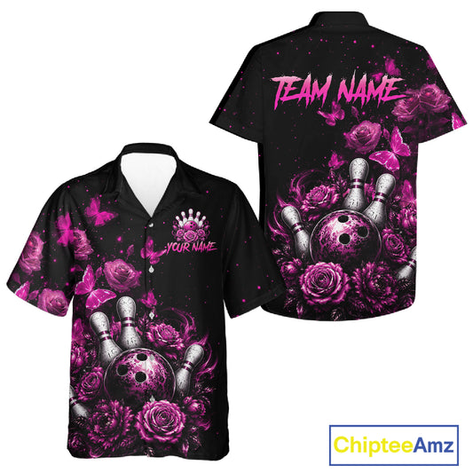 Custom Pink Rose and Butterfly Hawaiian Bowling Jersey Bowling Team Shirts Bowling Uniform HNT324