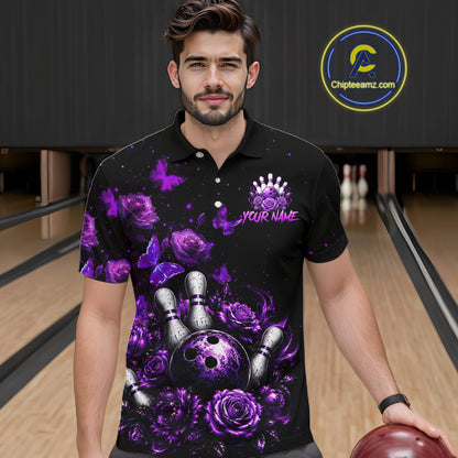 Men’s purple rose butterfly bowling polo shirt, front view on male model in bowling lane 