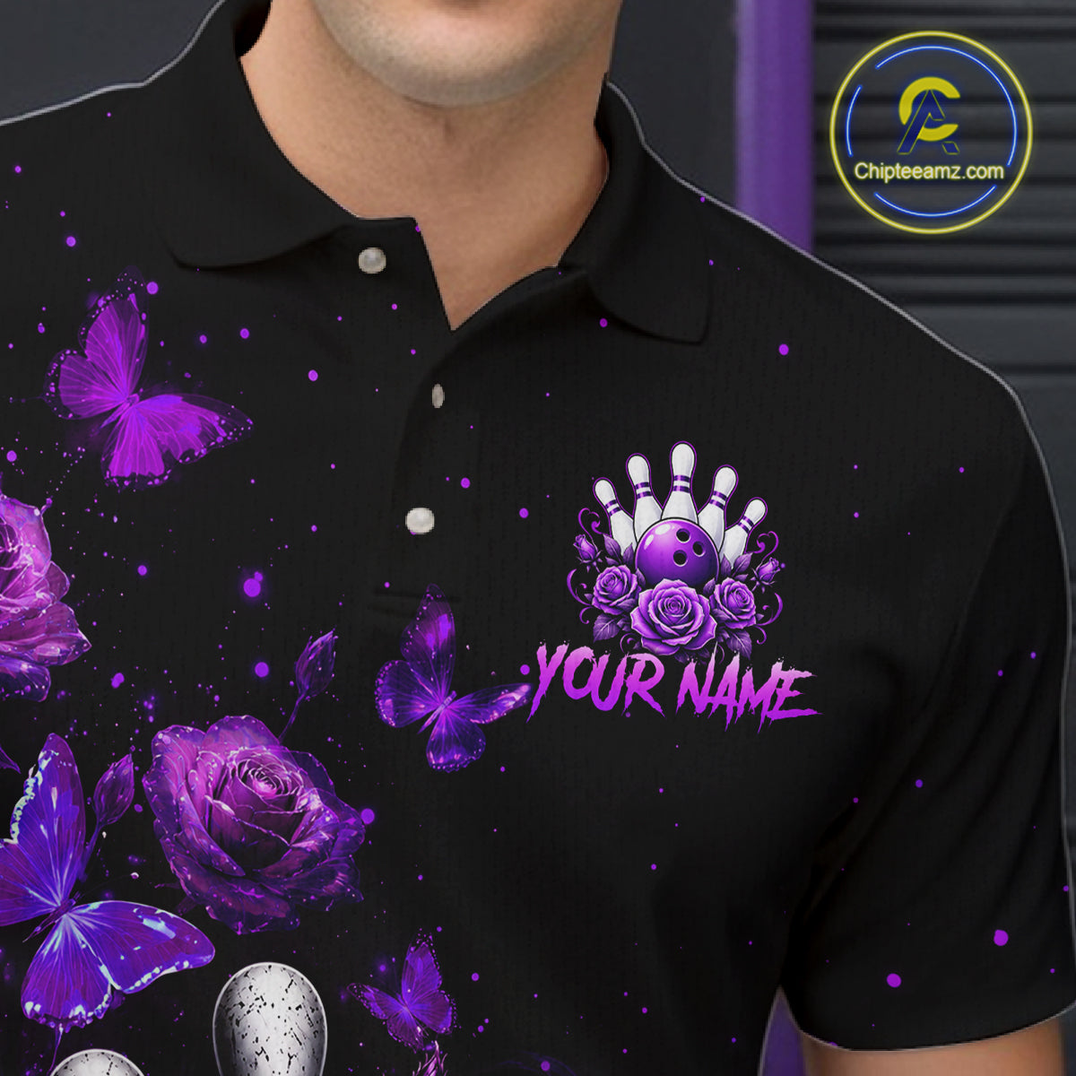 Men’s purple rose butterfly bowling polo shirt with custom name, angled front view showing custom team design 
