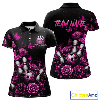 Custom pink rose butterfly bowling jersey for women, personalized team bowling polo shirt front view and back view
