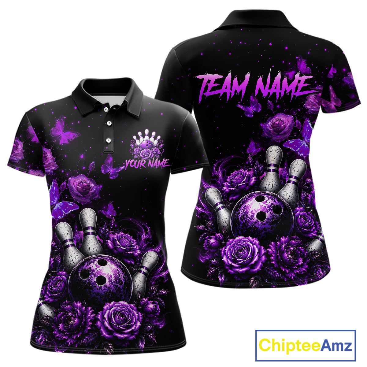 Custom purple rose butterfly bowling jersey for women, personalized team bowling polo shirt front view and back view