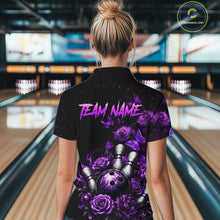 Load image into Gallery viewer, Women’s purple rose butterfly bowling quarter zip shirt, back view on female model in bowling lane 