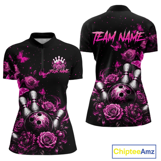 Custom pink rose butterfly bowling jersey for women, personalized team bowling quarter zip shirt front view and back view
