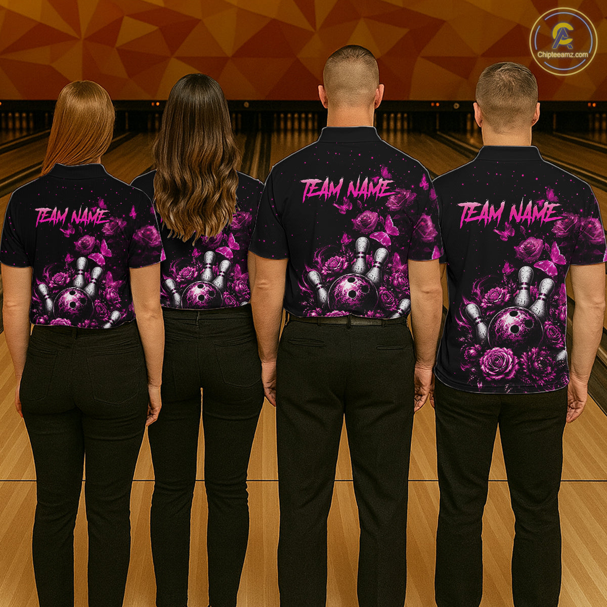 Group of bowlers in pink rose butterfly team shirts, personalized bowling uniforms back view.