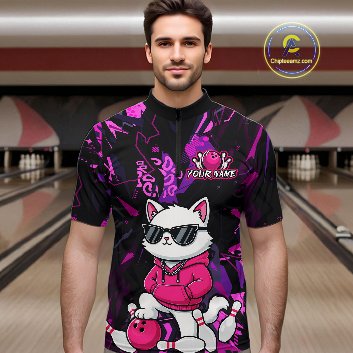 A man wearing a custom bowling-themed short-sleeve jersey with a cartoon cat wearing sunglasses and a pink hoodie, set against a bowling alley background. The jersey features a black base with vibrant pink and purple graffiti-style patterns and a customizable 'YOUR NAME' text on the chest.