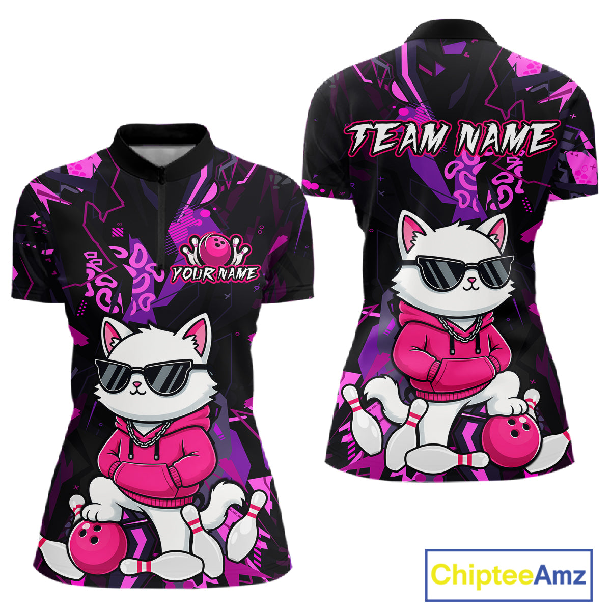 Front and back views of a women's short-sleeve polo shirt with a black and purple abstract background, featuring a cartoon white cat wearing sunglasses, a pink hoodie, and holding a pink bowling ball. The front shows a customizable bowling pin graphic with the text 'YOUR NAME' and 'TEAM NAME' on the back.