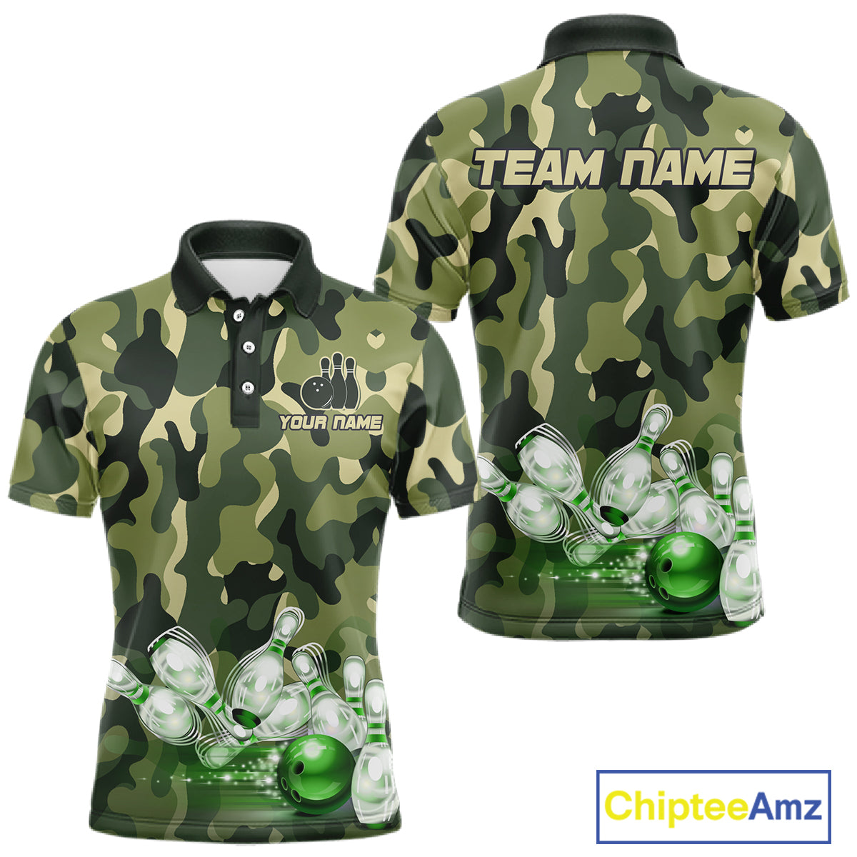 Custom Military Green Camo Bowling Jersey for Men Bowling Team Shirts Polo & 1/4 Zip HNT512