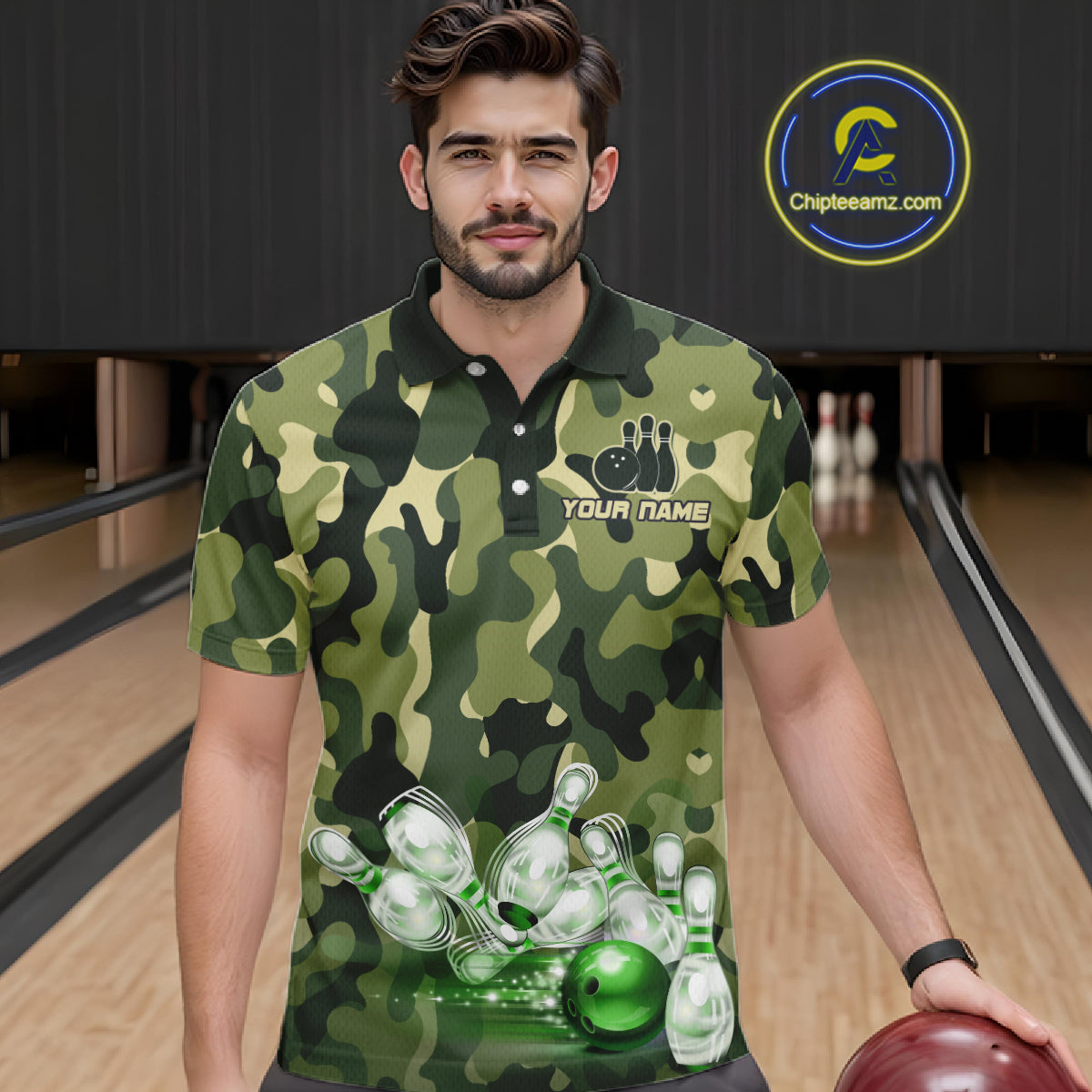 Custom Military Green Camo Bowling Jersey for Men Bowling Team Shirts Polo & 1/4 Zip HNT512