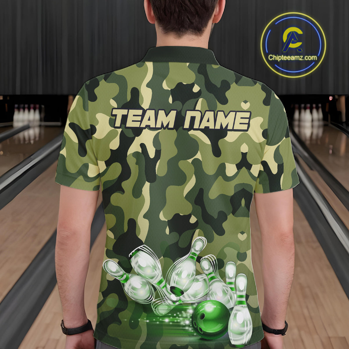 Custom Military Green Camo Bowling Jersey for Men Bowling Team Shirts Polo & 1/4 Zip HNT512