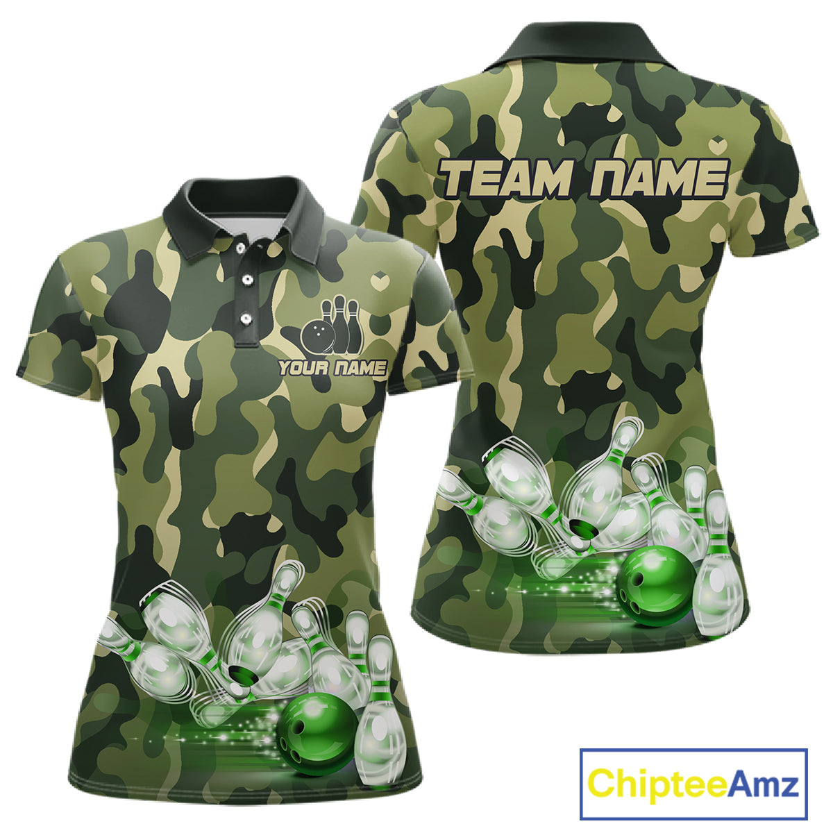 Custom Military Green Camo Bowling Jersey for Women Bowling Team Shirts Polo & 1/4 Zip HNT512