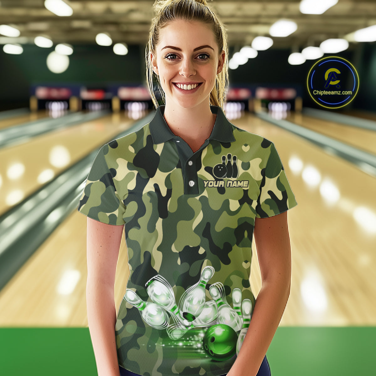 Custom Military Green Camo Bowling Jersey for Women Bowling Team Shirts Polo & 1/4 Zip HNT512