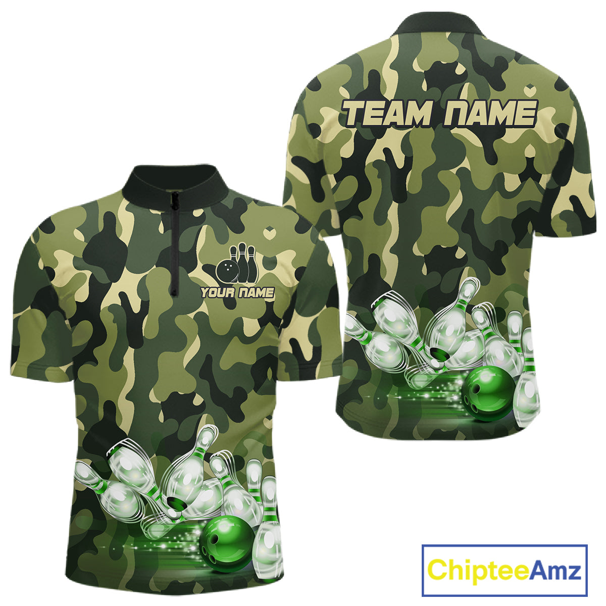 Custom Military Green Camo Bowling Jersey for Men Bowling Team Shirts Polo & 1/4 Zip HNT512