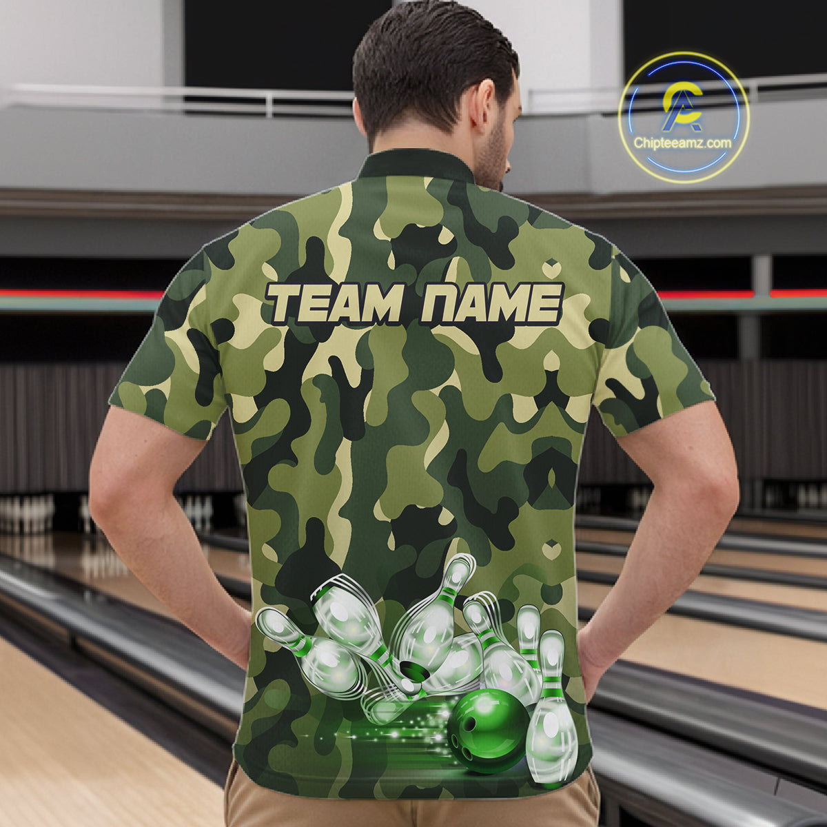 Custom Military Green Camo Bowling Jersey for Men Bowling Team Shirts Polo & 1/4 Zip HNT512