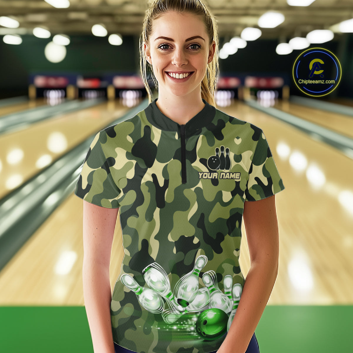 Custom Military Green Camo Bowling Jersey for Women Bowling Team Shirts Polo & 1/4 Zip HNT512