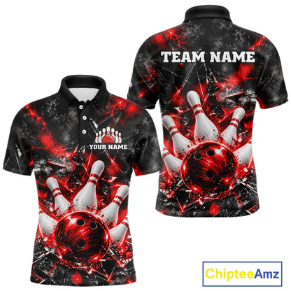 Custom Red Broken Glass Bowling Balls And Pins Bowling Team Shirts For Men Bowling Tournament HNT661