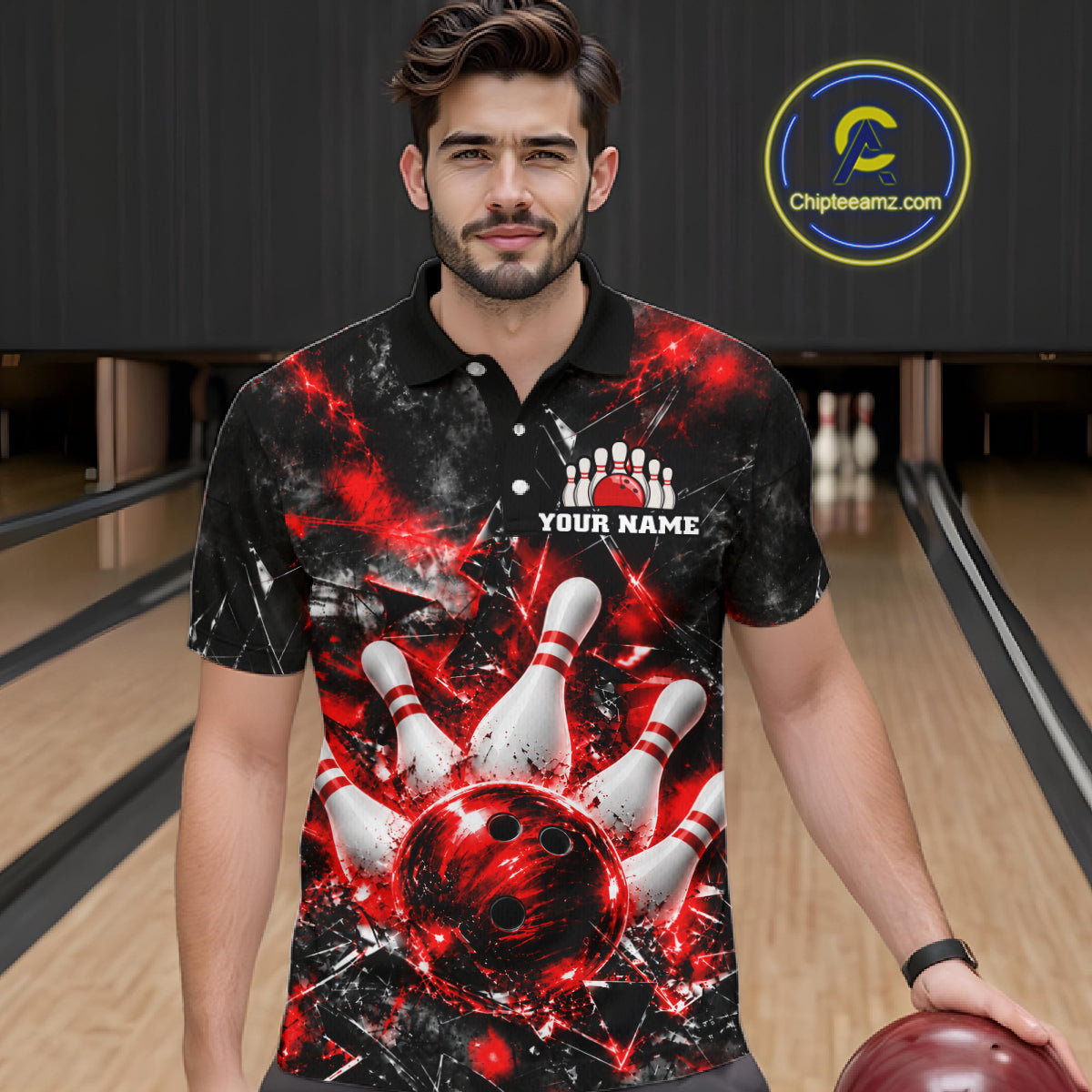 Custom Red Broken Glass Bowling Balls And Pins Bowling Team Shirts For Men Bowling Tournament HNT661