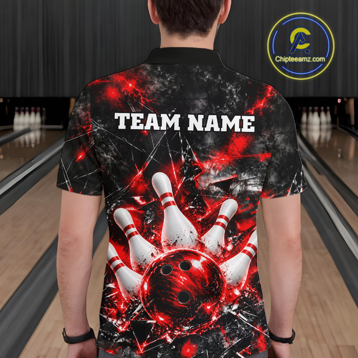 Custom Red Broken Glass Bowling Balls And Pins Bowling Team Shirts For Men Bowling Tournament HNT661