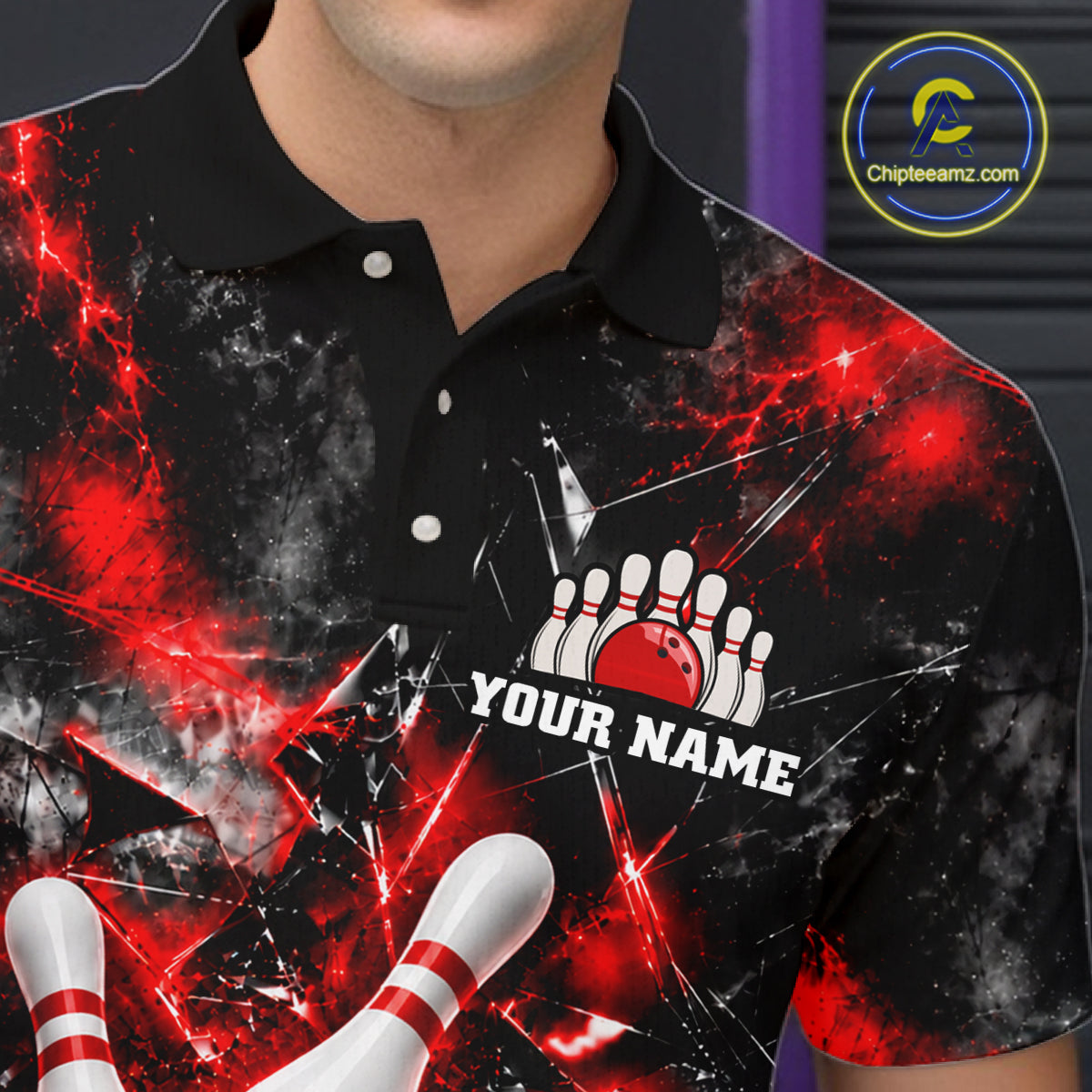Custom Red Broken Glass Bowling Balls And Pins Bowling Team Shirts For Men Bowling Tournament HNT661