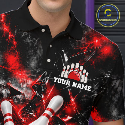 Custom Red Broken Glass Bowling Balls And Pins Bowling Team Shirts For Men Bowling Tournament HNT661