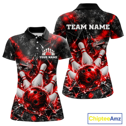 Custom Red Broken Glass Bowling Balls And Pins Bowling Team Shirts For Women Bowling Tournament HNT661