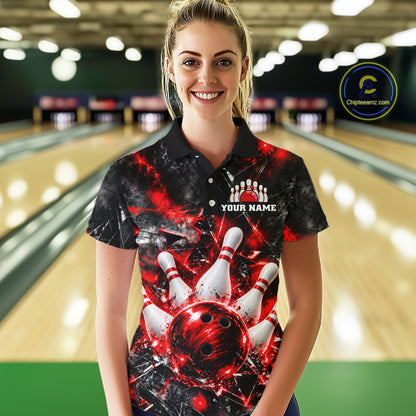 Custom Red Broken Glass Bowling Balls And Pins Bowling Team Shirts For Women Bowling Tournament HNT661