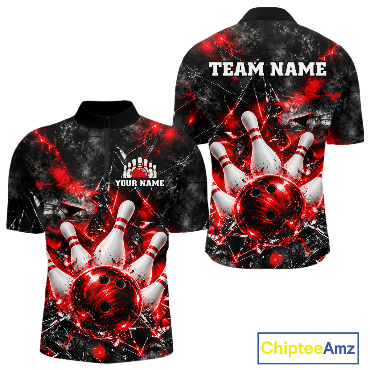 Custom Red Broken Glass Bowling Balls And Pins Bowling Team Shirts For Men Bowling Tournament HNT661