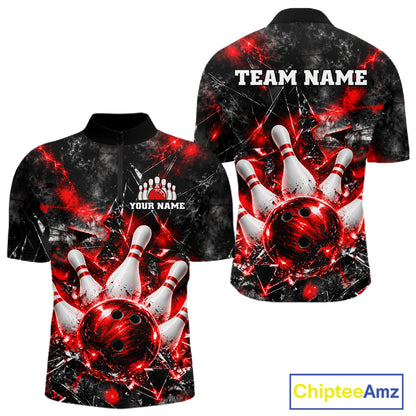 Custom Red Broken Glass Bowling Balls And Pins Bowling Team Shirts For Men Bowling Tournament HNT661
